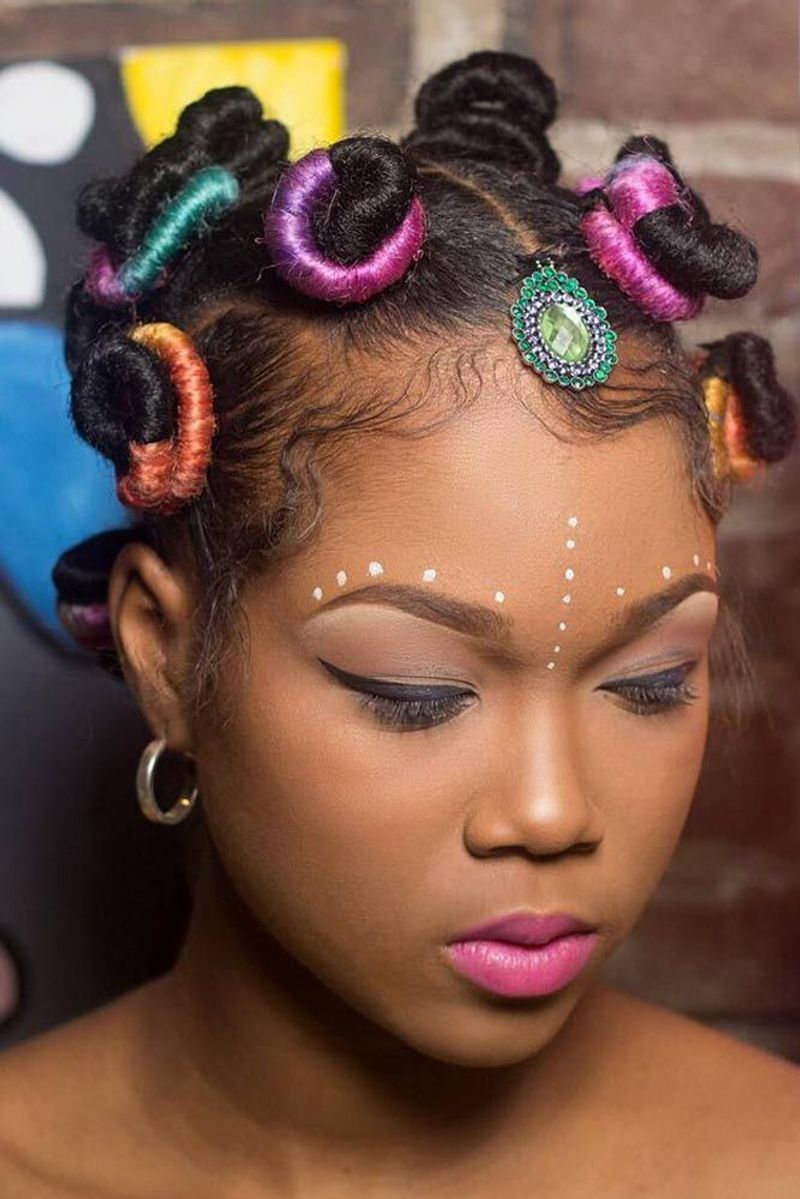 Bantu Knots with Colorful Yarn